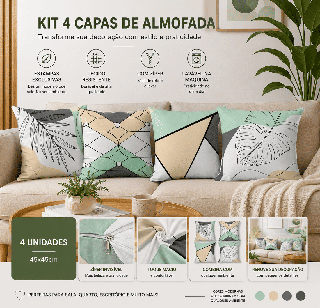 KIT 4 CAPAS DE ALMOFADAS DECORATIVAS GEOMÉTRICO CLEAN- 45x45 KIT 4 CAPAS DE ALMOFADAS DECORATIVAS GEOMÉTRICO CLEAN- 45x45