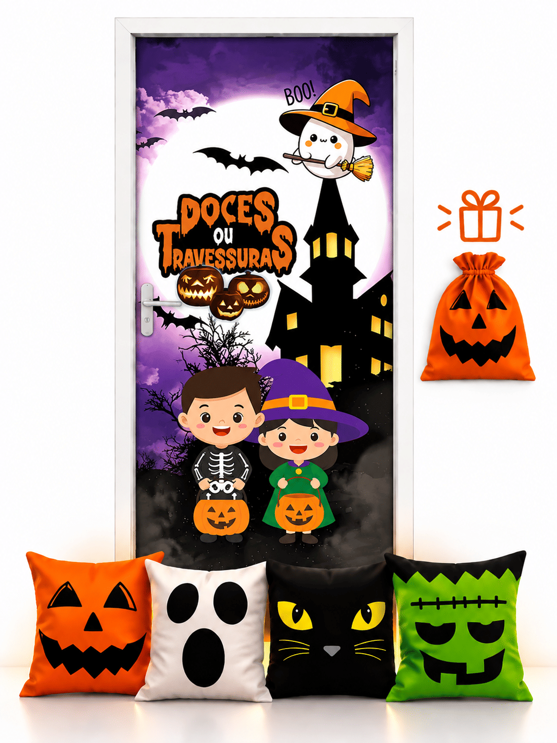Kit 02- Halloween Doces ou Travessuras Treak or Track— 1 Capa de Porta + 4 Capas de Almofada 45x45 Kit 02- Halloween Doces ou Travessuras Treak or Track— 1 Capa de Porta + 4 Capas de Almofada 45x45