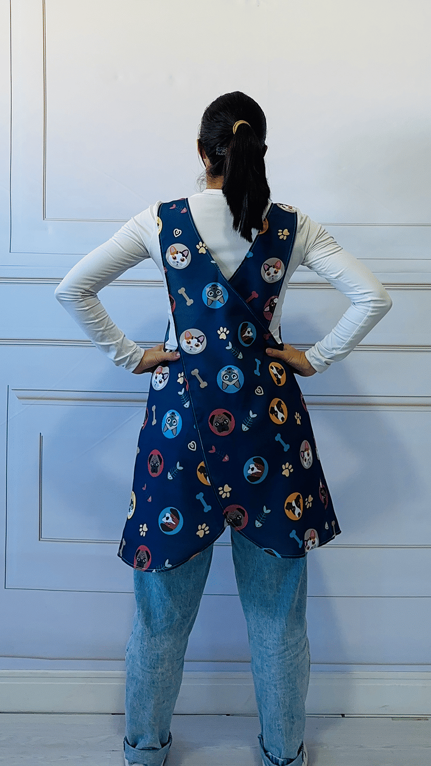 Avental Japonês Azul Marinho Gatinho e Cachorros Avental Japonês Azul Marinho Gatinho e Cachorros