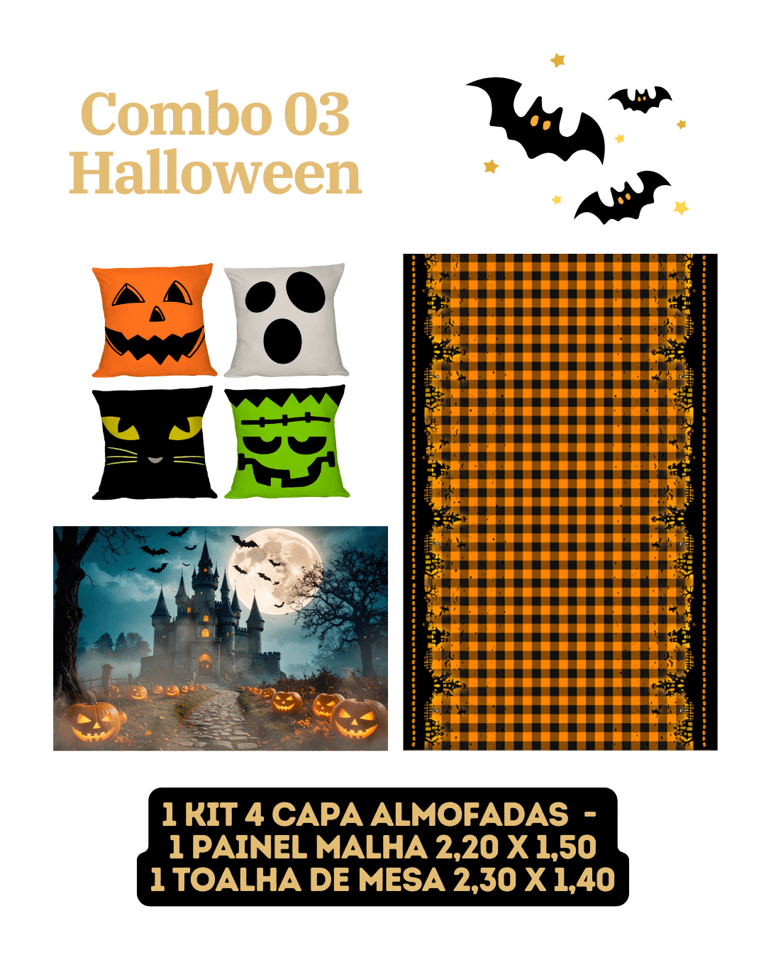 Combo Halloween (Painel + Kit 4 Capa Almofadas + Toalha de Mesa) CASTELO E ABÓBORAS