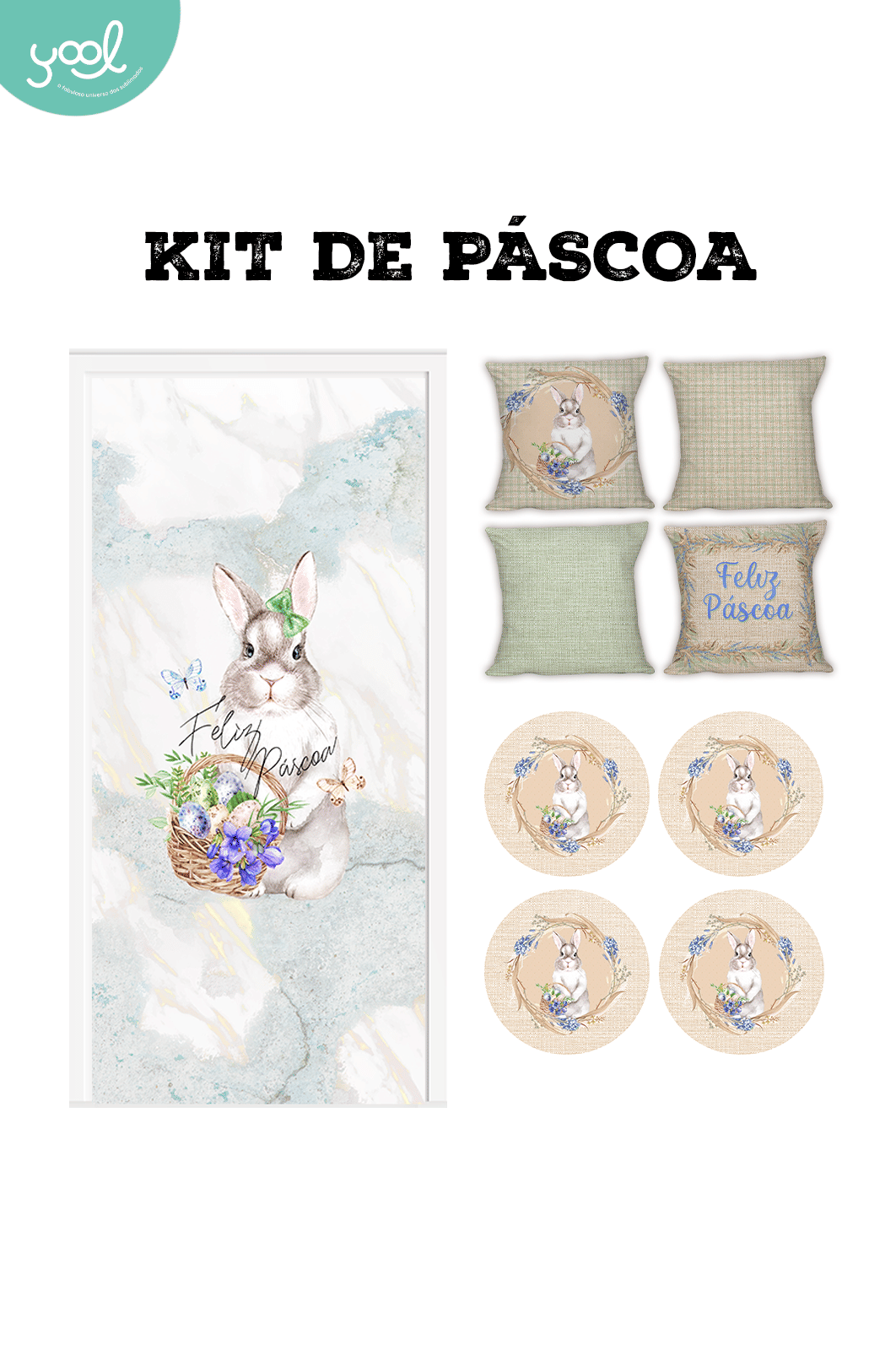 Kit de Páscoa Coelha Lily 1 Capa de Porta + 4 Capa de Almofada + 4 Capa de Sousplat
