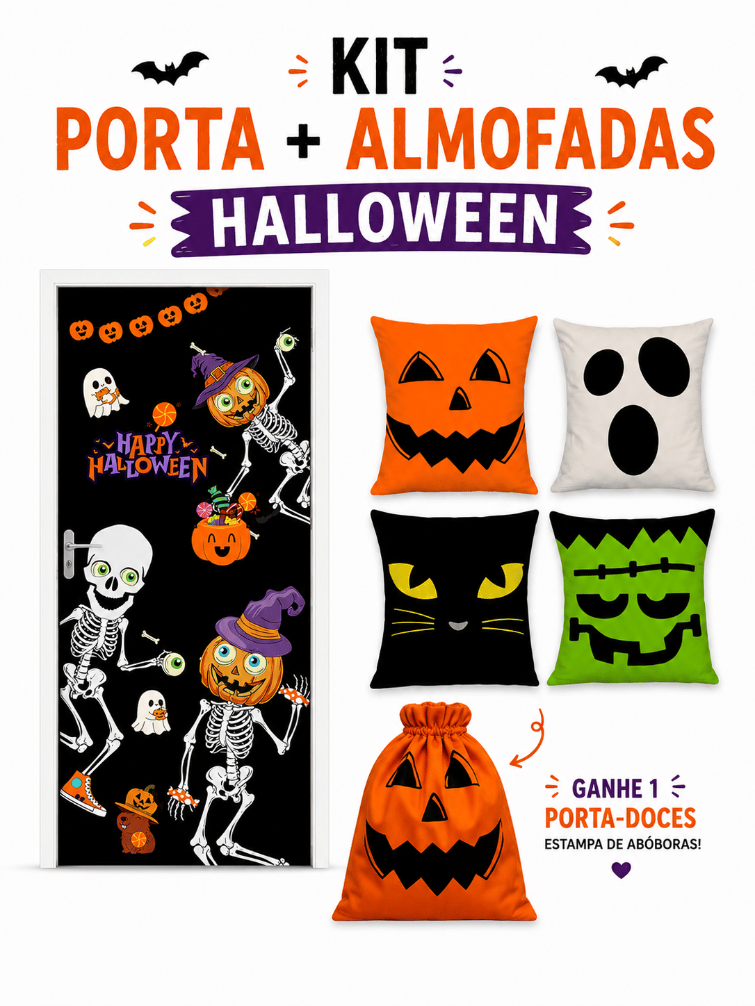 Kit 01 Halloween Caveirinhas Fofas — 1 Capa de Porta + 4 Capas de Almofada 45x45 Kit 01 Halloween Caveirinhas Fofas — 1 Capa de Porta + 4 Capas de Almofada 45x45
