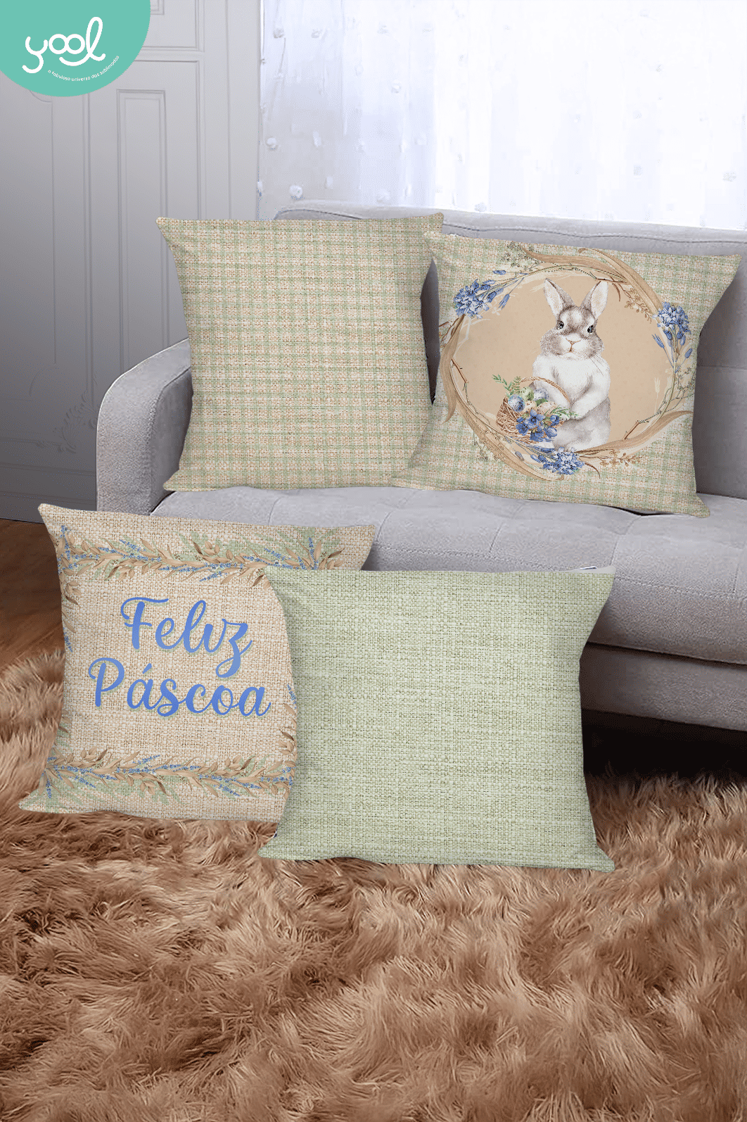 Kit de Páscoa Coelha Lily 1 Capa de Porta + 4 Capa de Almofada + 4 Capa de Sousplat