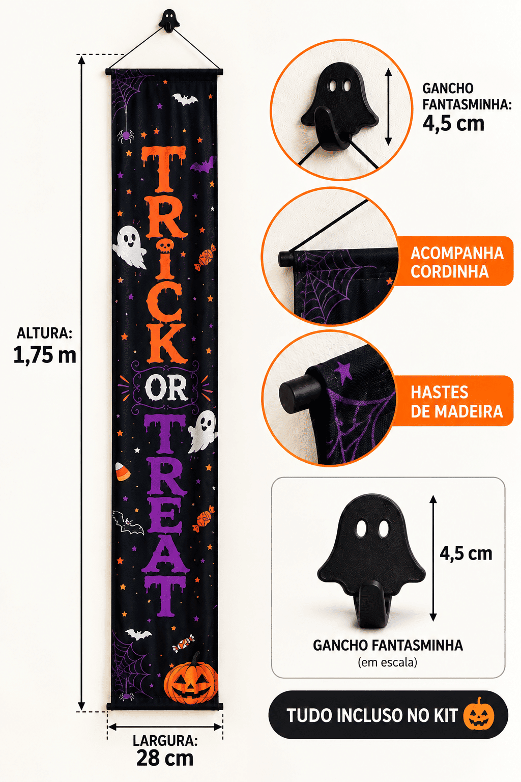 Banner Decorativo Halloween Trick or Treat 1,75 m com Gancho Banner Decorativo Halloween Trick or Treat 1,75 m com Gancho