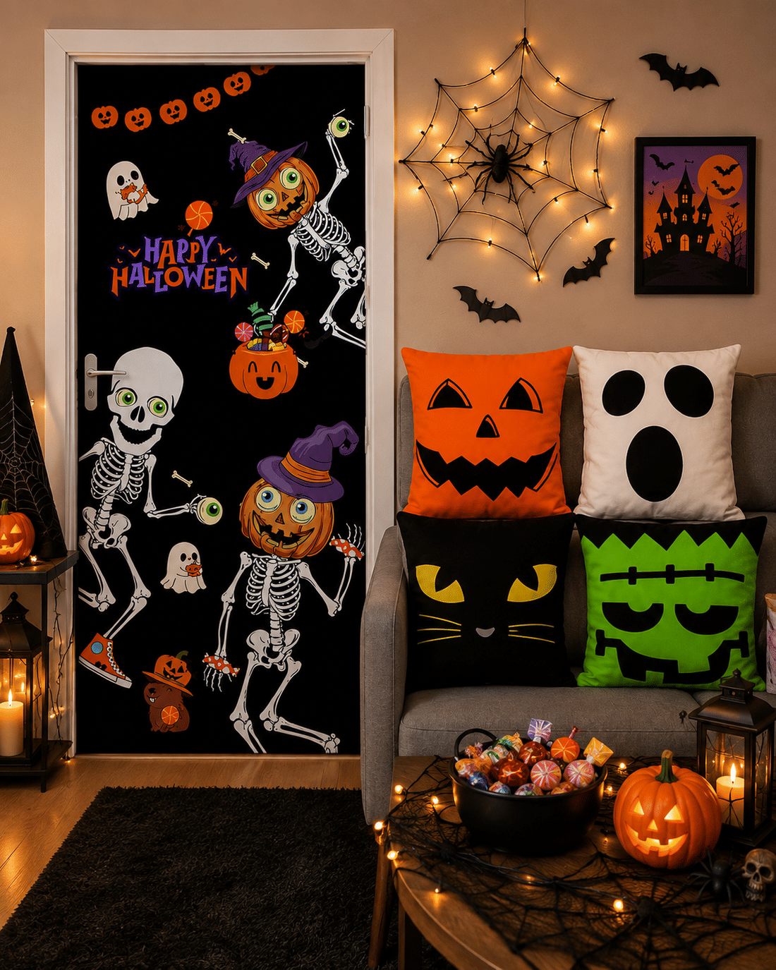Kit 01 Halloween Caveirinhas Fofas — 1 Capa de Porta + 4 Capas de Almofada 45x45