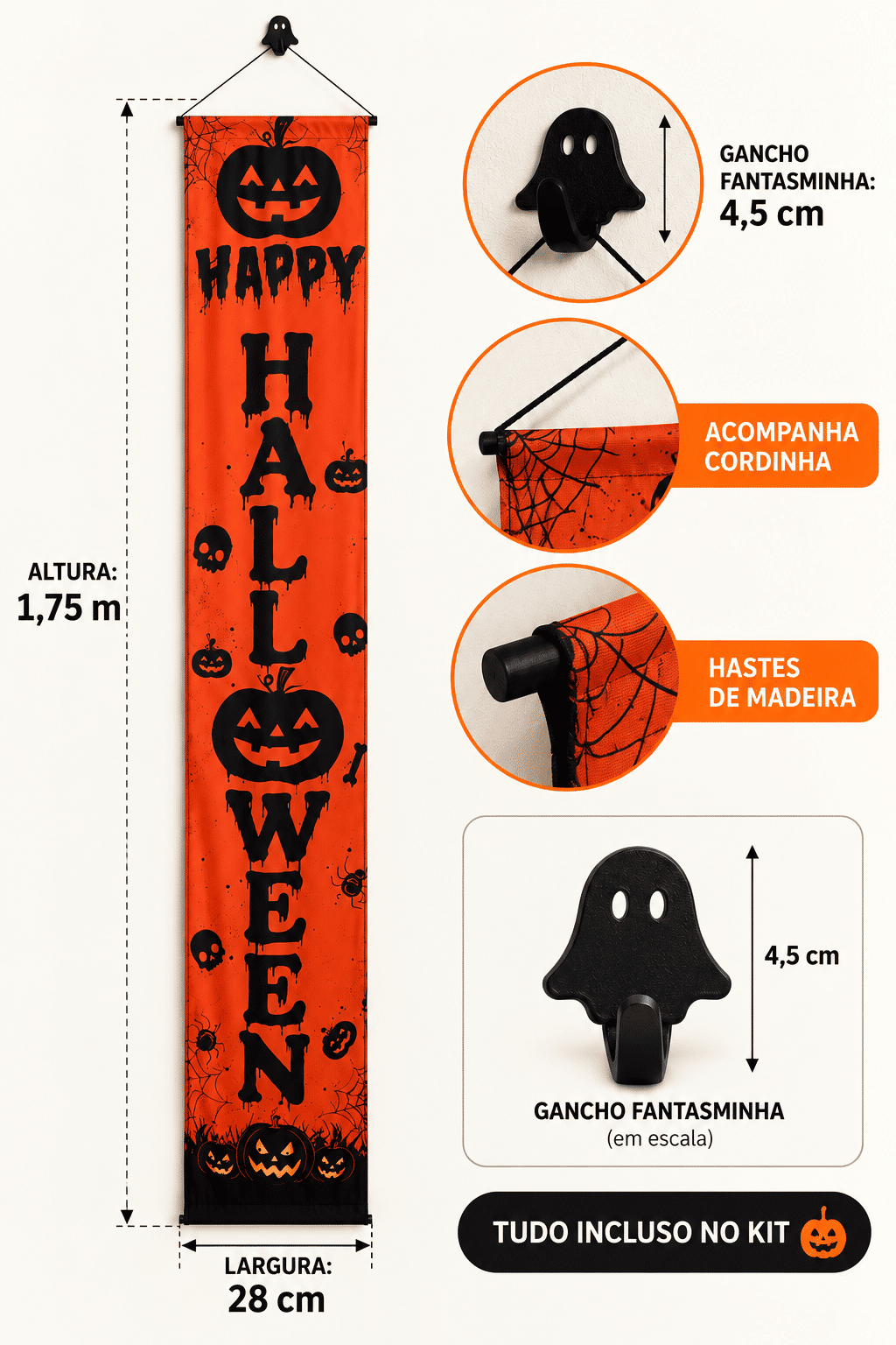 Banner Decorativo Halloween Laranja Happy Halloween 1,75 m com Gancho Banner Decorativo Halloween Laranja Happy Halloween 1,75 m com Gancho