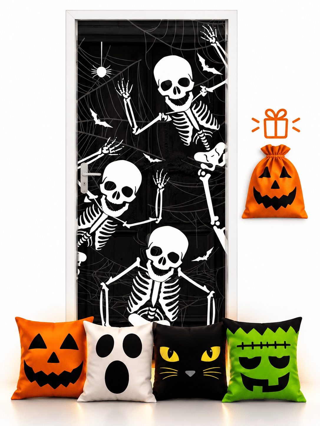 Kit 02- Halloween Esqueleto muito Louco — 1 Capa de Porta + 4 Capas de Almofada 45x45 Kit 02- Halloween Esqueleto muito Louco — 1 Capa de Porta + 4 Capas de Almofada 45x45