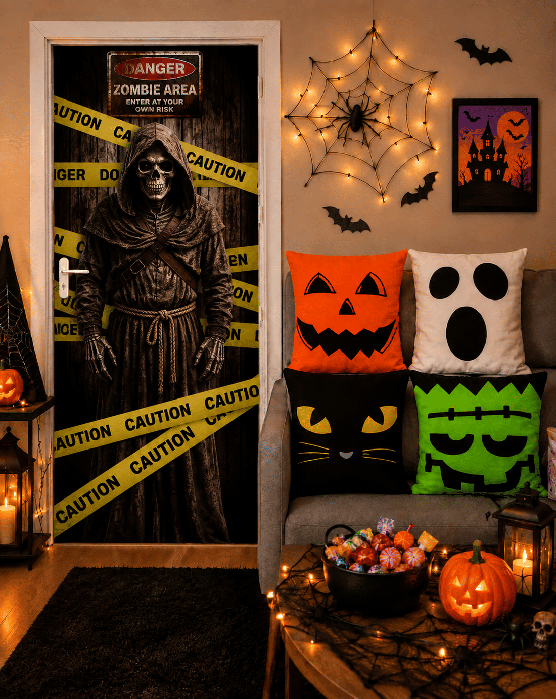Kit 06- Halloween Dia das Bruxas CAVEIRA— 1 Capa de Porta + 4 Capas de Almofada 45x45 Kit 06- Halloween Dia das Bruxas CAVEIRA— 1 Capa de Porta + 4 Capas de Almofada 45x45