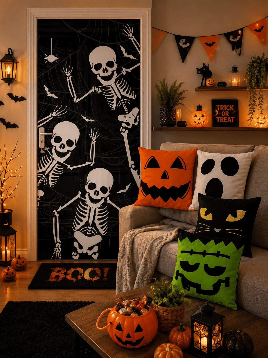 Kit 02- Halloween Esqueleto muito Louco — 1 Capa de Porta + 4 Capas de Almofada 45x45