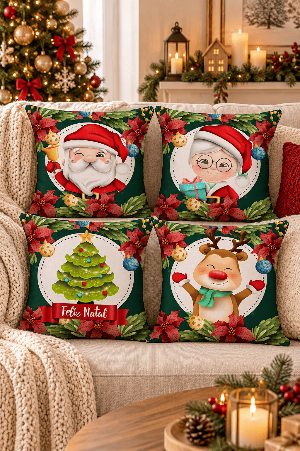 KIT 4 CAPAS DE ALMOFADAS MALHA CONFORT DECORATIVAS NATAL - 45x45