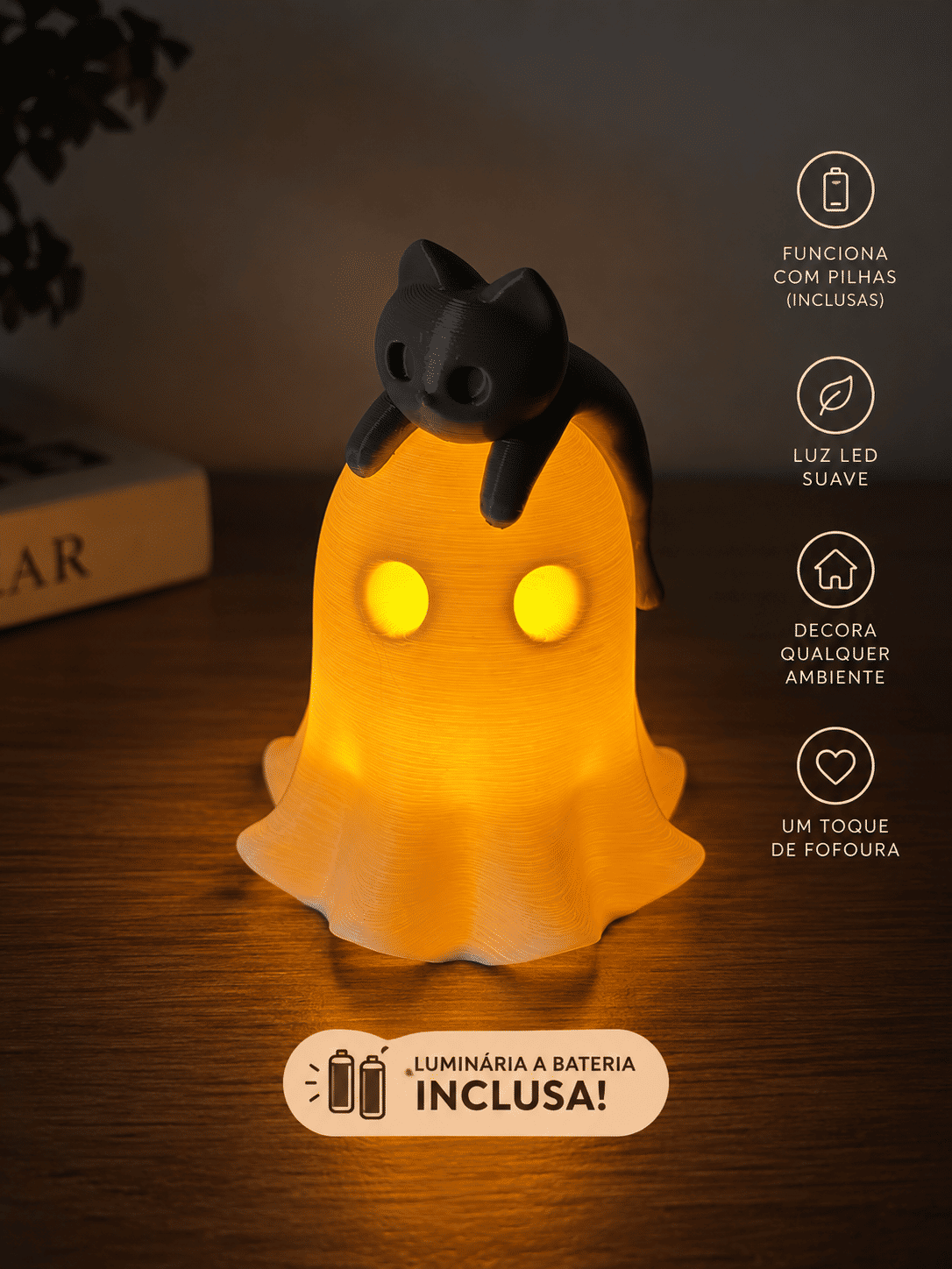 Luminária Gatinho Fantasma Halloween em Impressão 3D Luminária Gatinho Fantasma Halloween em Impressão 3D