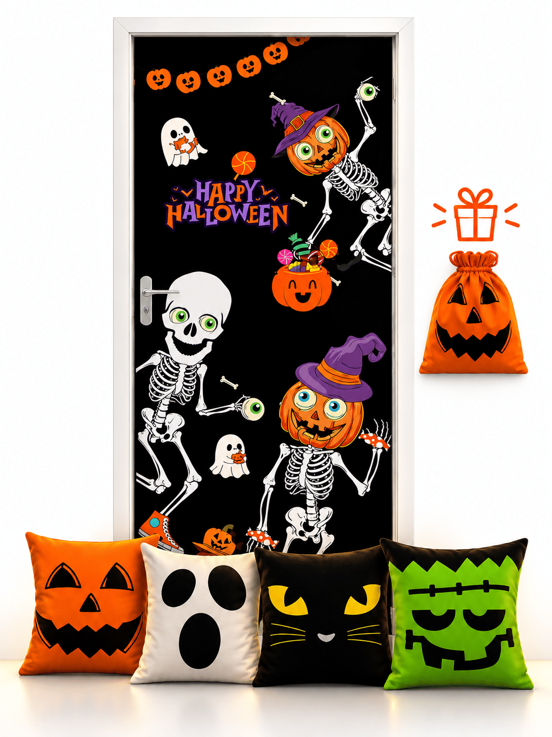 Kit 01 Halloween Caveirinhas Fofas — 1 Capa de Porta + 4 Capas de Almofada 45x45 Kit 01 Halloween Caveirinhas Fofas — 1 Capa de Porta + 4 Capas de Almofada 45x45