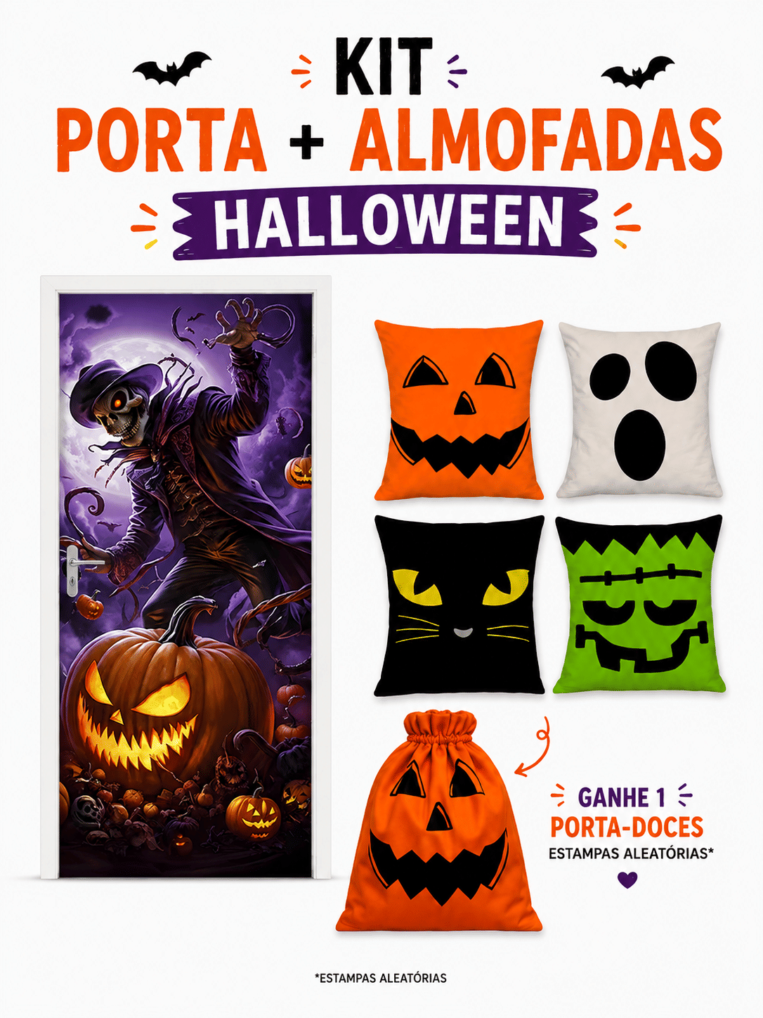 Kit 02- Halloween Caveira e Abobora Assustadoras — 1 Capa de Porta + 4 Capas de Almofada 45x45 Kit 02- Halloween Caveira e Abobora Assustadoras — 1 Capa de Porta + 4 Capas de Almofada 45x45