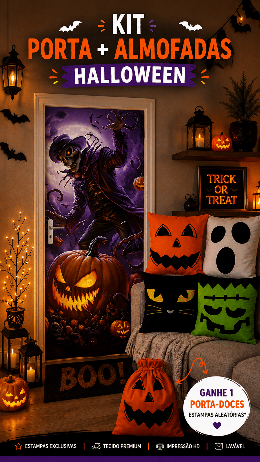 Kit 03- Halloween Caveira e Abobora Assustadoras — 1 Capa de Porta + 4 Capas de Almofada 45x45 Kit 03- Halloween Caveira e Abobora Assustadoras — 1 Capa de Porta + 4 Capas de Almofada 45x45
