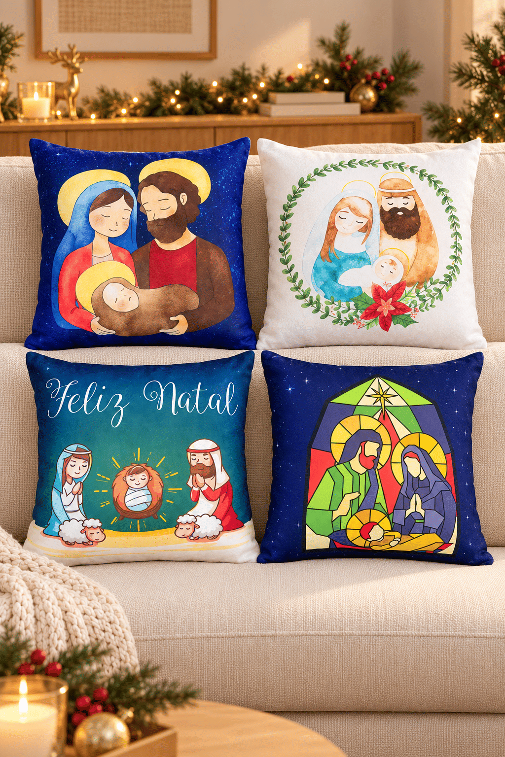 KIT 4 CAPAS DE ALMOFADAS SAGRADA FAMILIA MALHA CONFORT DECORATIVAS NATAL - 45x45 KIT 4 CAPAS DE ALMOFADAS SAGRADA FAMILIA MALHA CONFORT DECORATIVAS NATAL - 45x45