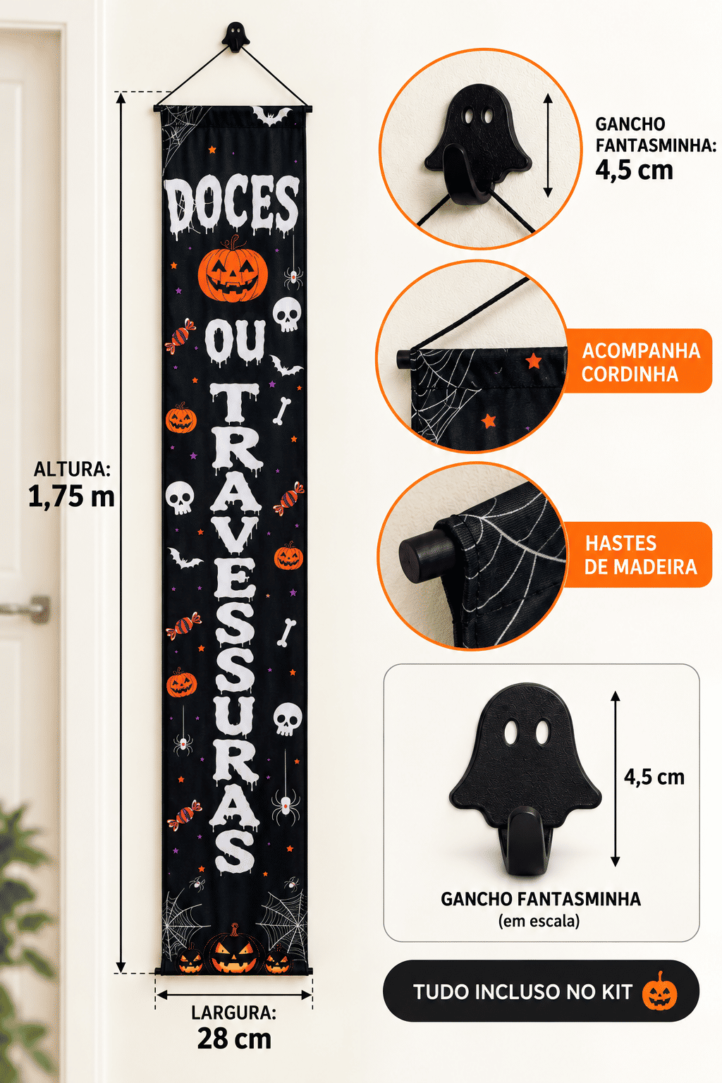 Banner Decorativo Halloween Doces ou Travessuras 1,75 m com Gancho Banner Decorativo Halloween Doces ou Travessuras 1,75 m com Gancho