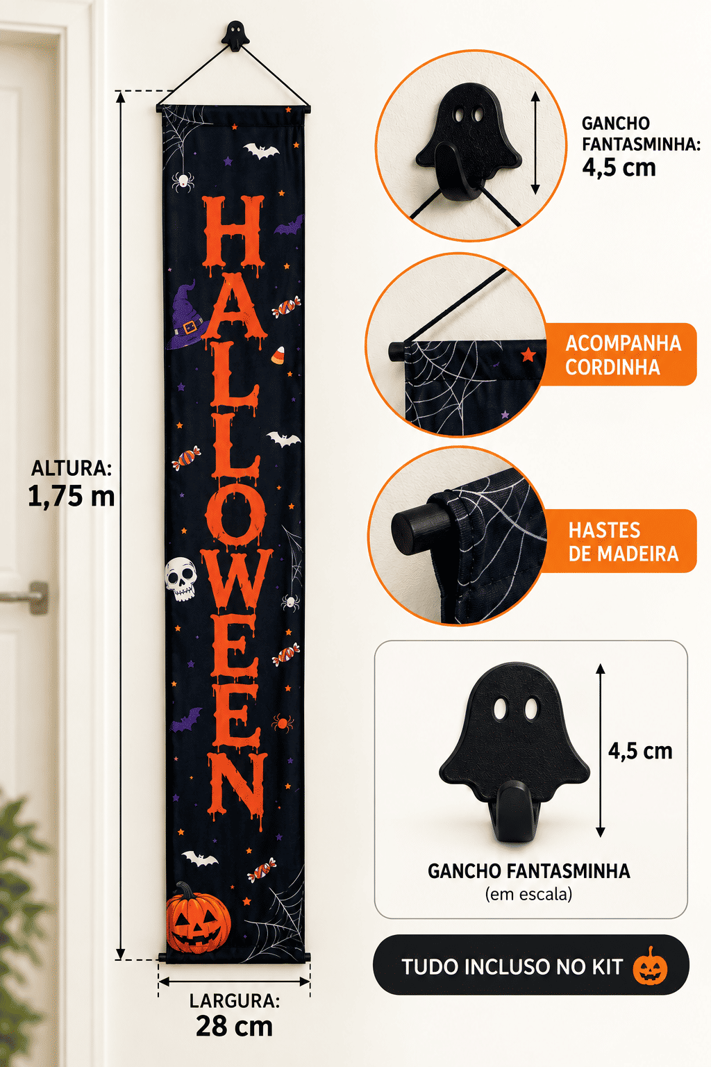 Banner Decorativo Halloween Preto e Laranja 1,75 m com Gancho