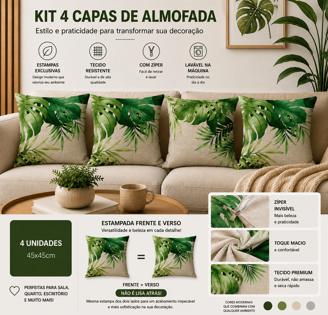 KIT 4 CAPAS DE ALMOFADAS DECORATIVAS FOLHAGENS - 45x45 KIT 4 CAPAS DE ALMOFADAS DECORATIVAS FOLHAGENS - 45x45