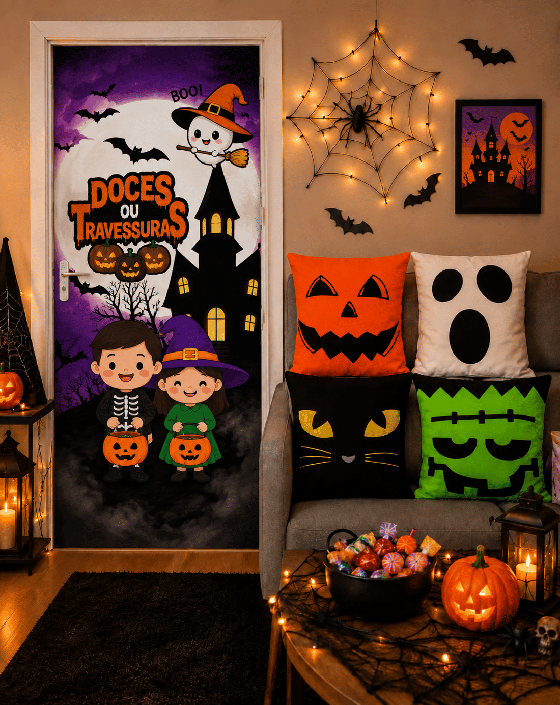 Kit 02- Halloween Doces ou Travessuras Treak or Track— 1 Capa de Porta + 4 Capas de Almofada 45x45 Kit 02- Halloween Doces ou Travessuras Treak or Track— 1 Capa de Porta + 4 Capas de Almofada 45x45