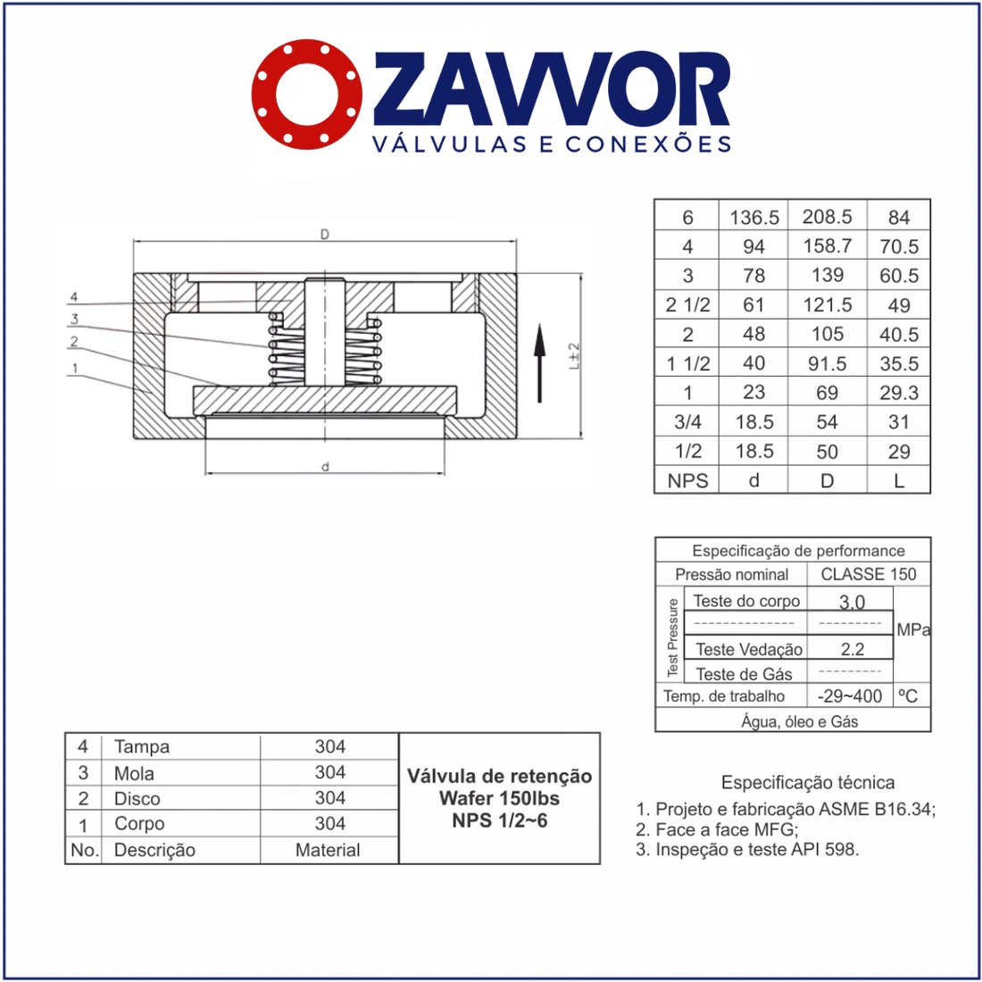 VALVULA RETENCAO WAFER TIPO DISCO TOTAL INOX 304 150 LBS VALVULA RETENCAO WAFER TIPO DISCO TOTAL INOX 304 150 LBS
