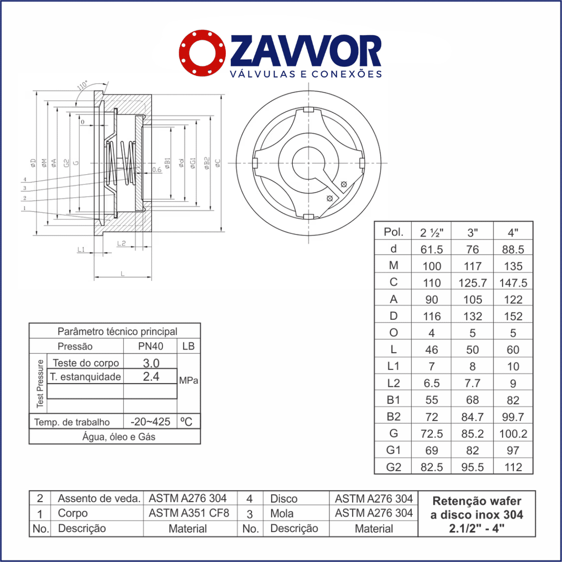 VALVULA RETENCAO WAFER TIPO DISCO TOTAL INOX 304 PN 40 VALVULA RETENCAO WAFER TIPO DISCO TOTAL INOX 304 PN 40