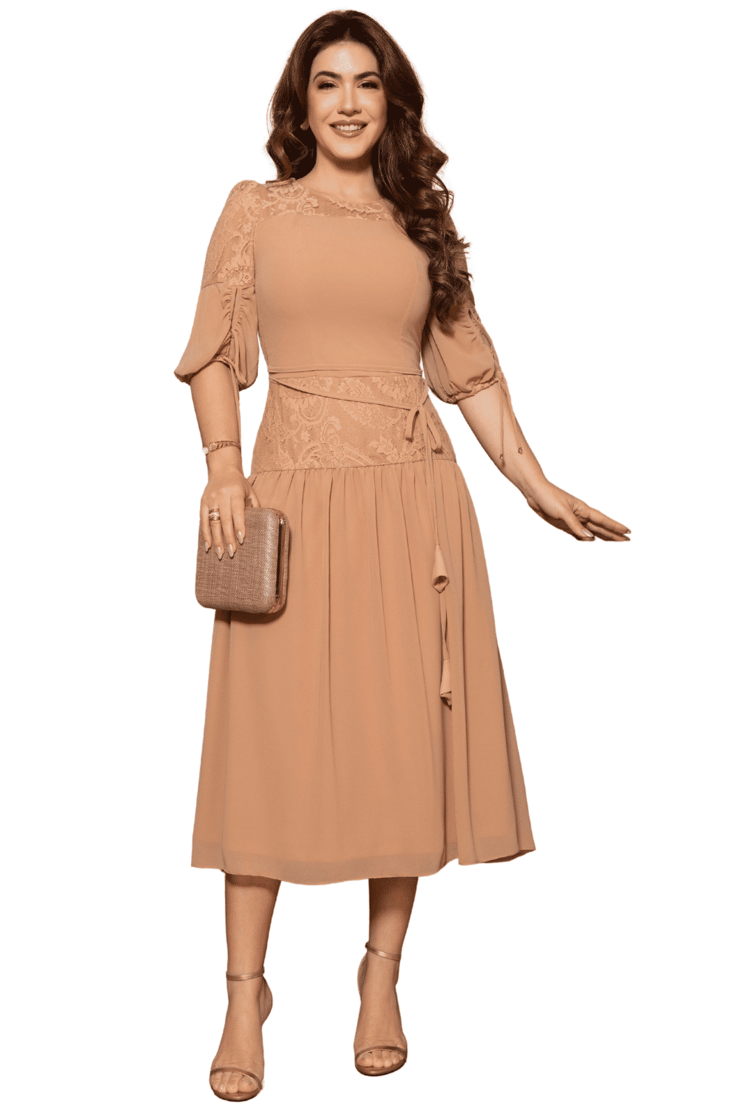 VESTIDO CHIFFON COM DETALHES EM RENDA - 14516 VESTIDO CHIFFON COM DETALHES EM RENDA - 14516