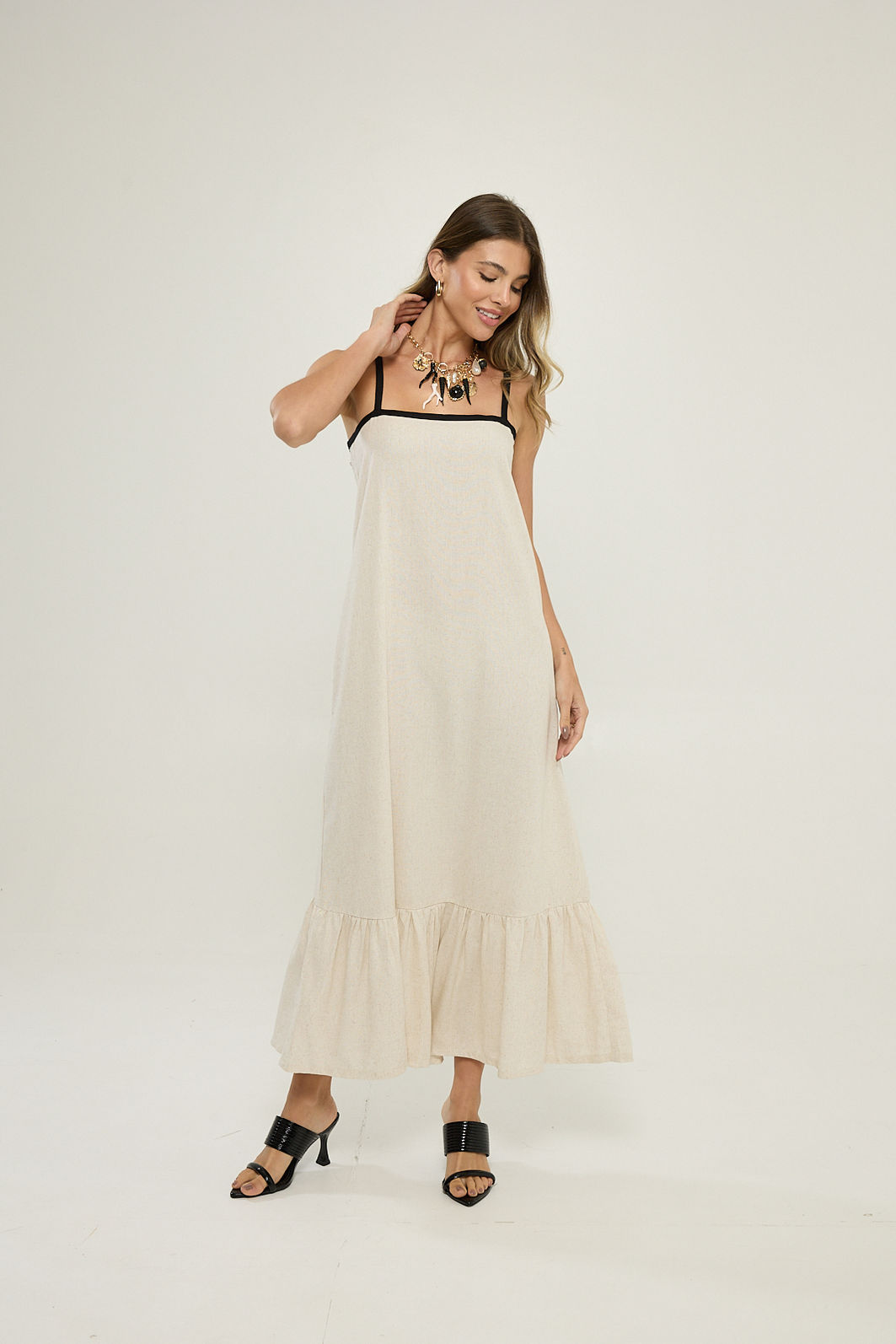 Vestido Em Linho Bicolor