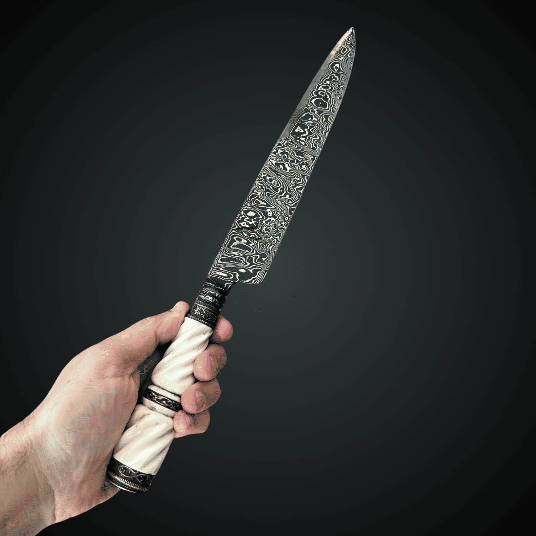 Faca Churrasco VF Artesanal 9" Forjada Aço Damasco Cabo Osso