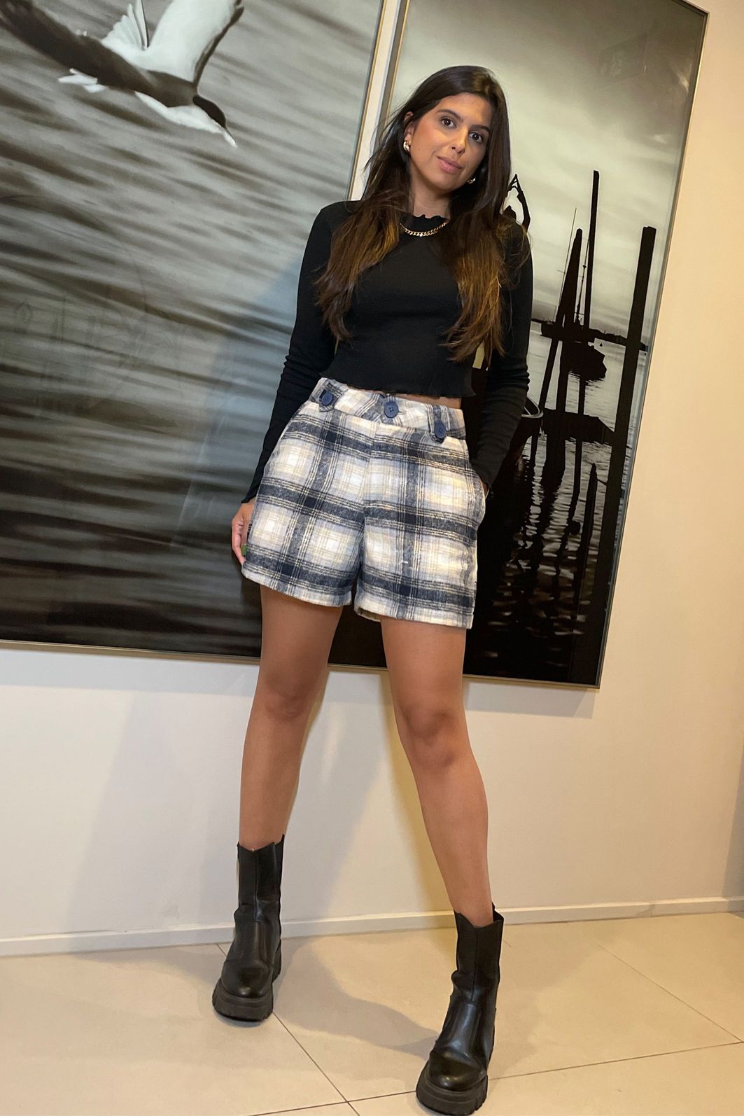 Short Feminino Curto Cintura Alta Xadrez Angeles Azul Marinho