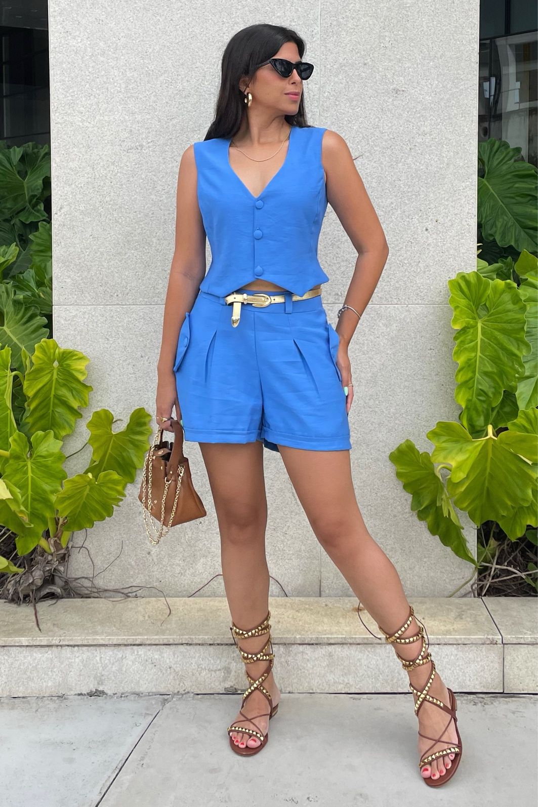 Conjunto Feminino Alfaiataria Short Colete Napoli - Azul Claro