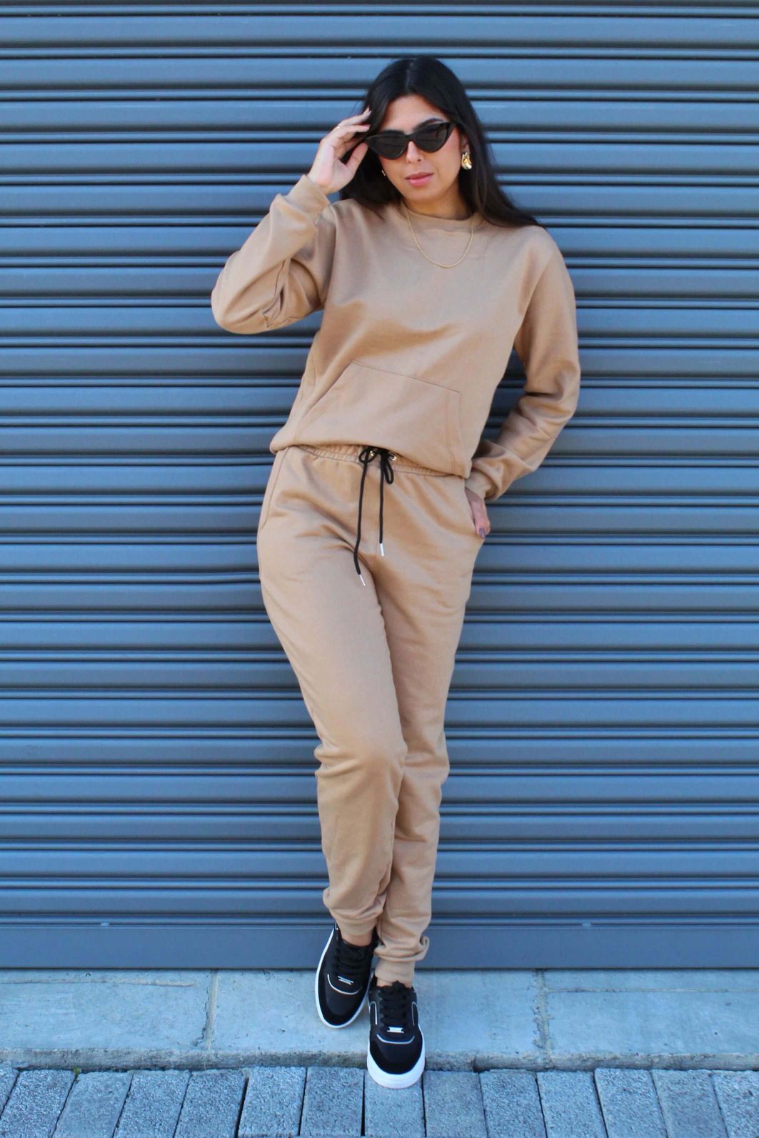 Conjunto moletom felpado flanelado feminino blusa manga longae calça jogger Conjunto Soho camel feminino em moletom peluciado para look casual de inverno