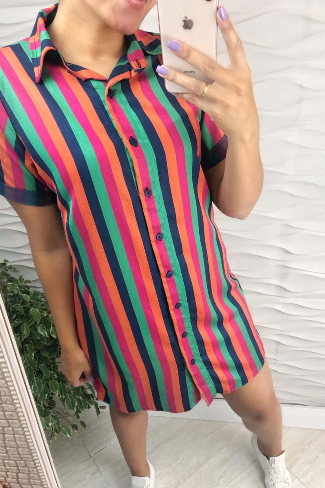 Vestido Curto Chemise De Manga Curta Viscose Listra Escura Santorini