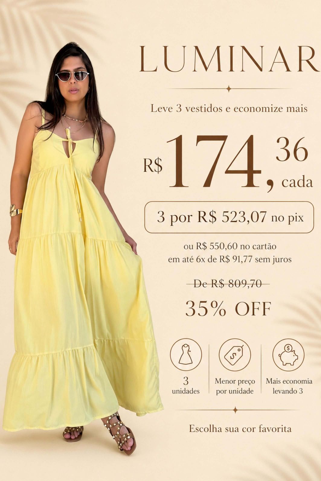 LEVE 3 VESTIDOS MIDI VISCOSE LUMINAR E GANHE DESCONTO ESPECIAL LEVE 3 VESTIDOS MIDI VISCOSE LUMINAR E GANHE DESCONTO ESPECIAL