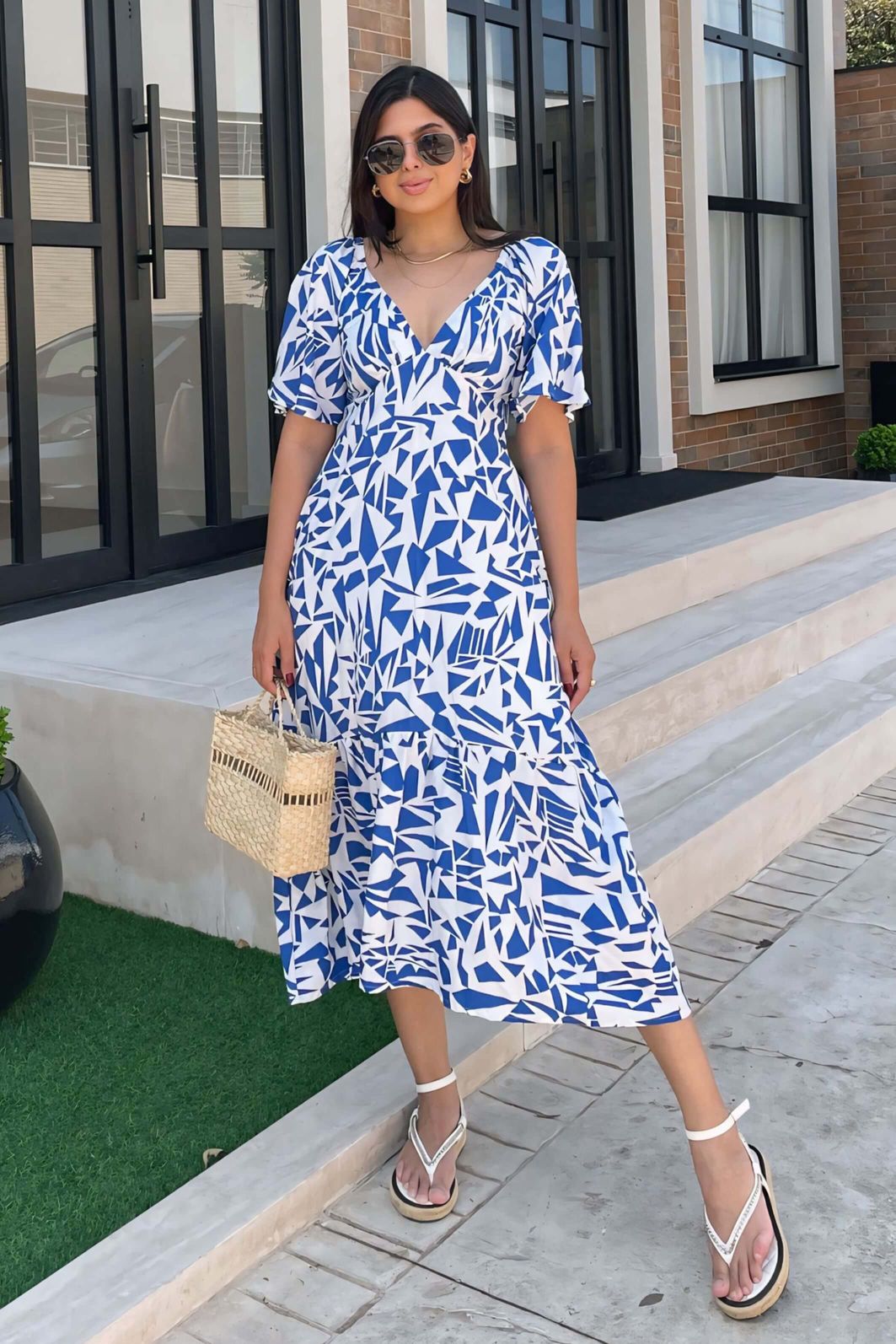 Vestido Midi Manga Curta Decote V Viscose Estampada Brisi