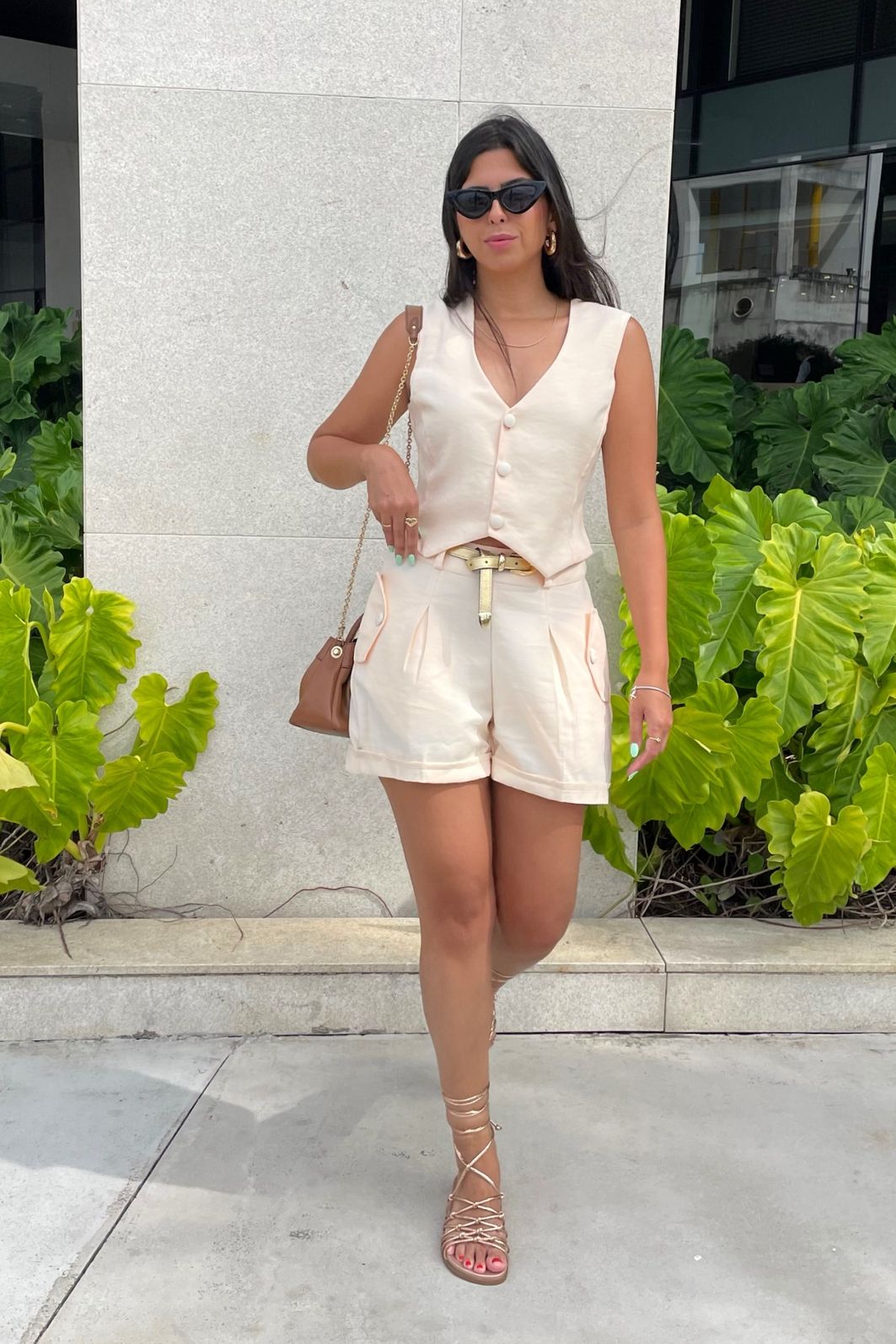 Conjunto Feminino Alfaiataria Short Colete Napoli - Champanhe