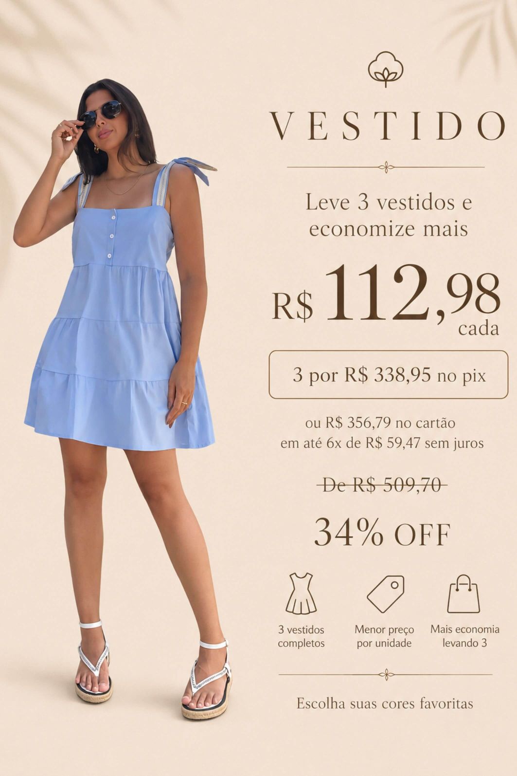 LEVE 3 VESTIDOS CURTOS ALGODÃO BABI E GANHE DESCONTO ESPECIAL LEVE 3 VESTIDOS CURTOS ALGODÃO BABI E GANHE DESCONTO ESPECIAL
