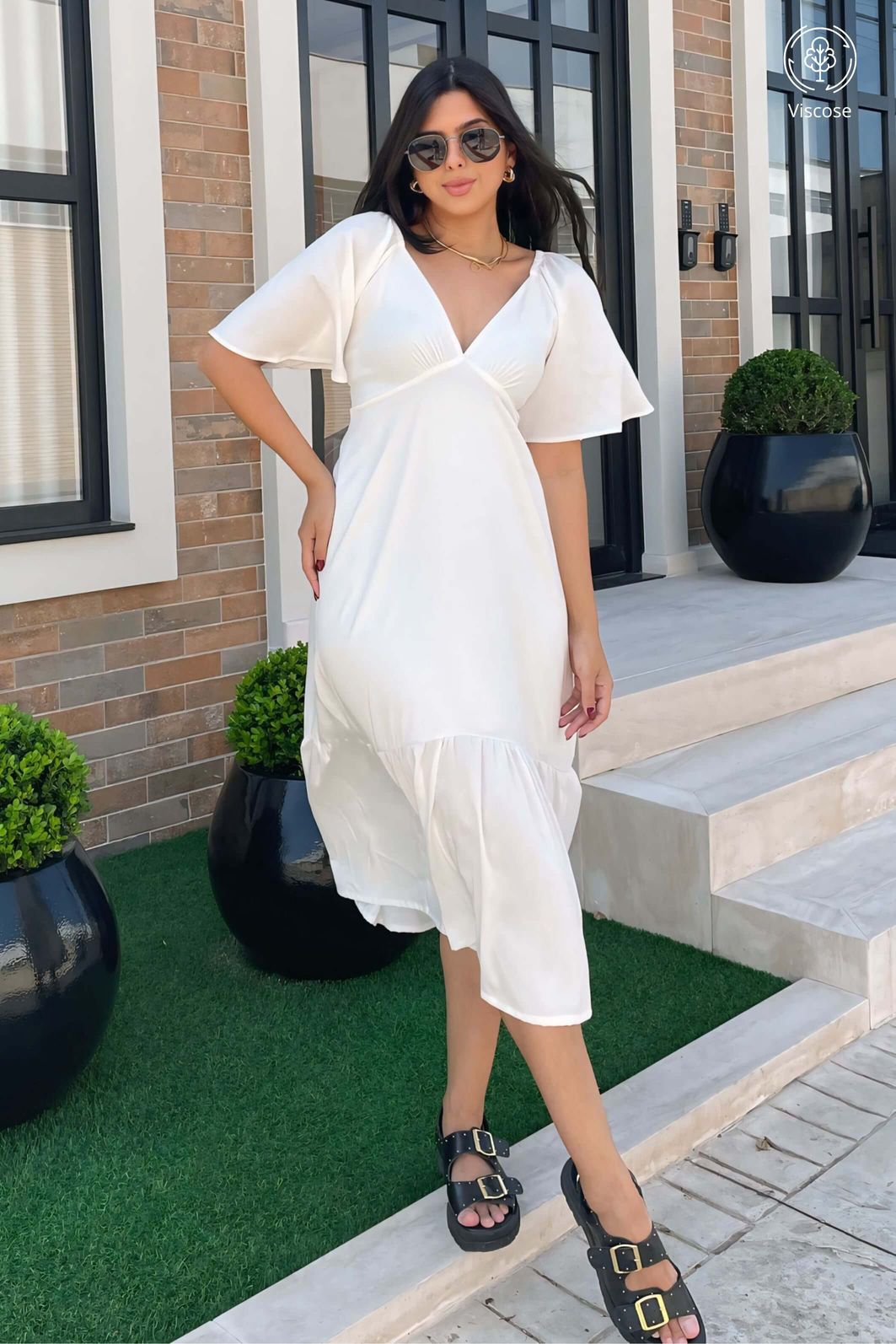 Vestido Midi Manga Curta Decote V Viscose Offwhite Brisi
