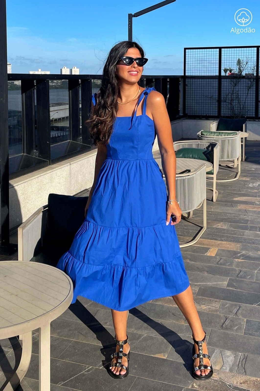 Vestido Midi Camadas De Alças Tricoline Algodão Azul Klein Sleshe