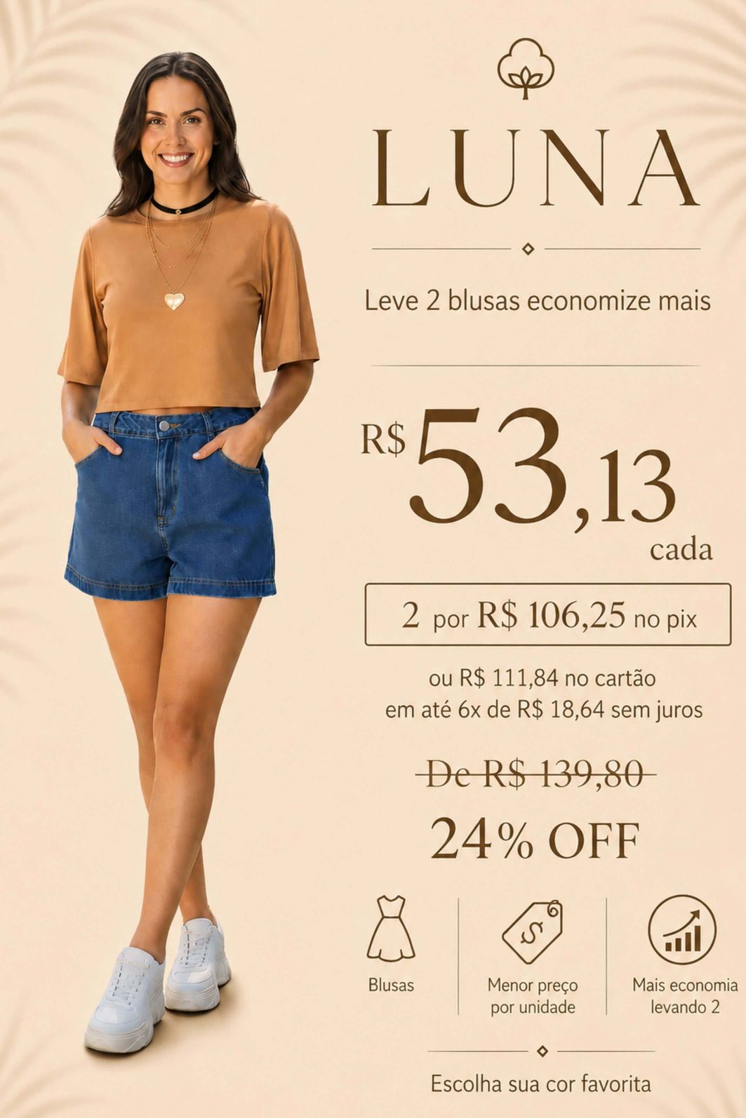 LEVE 2 BLUSAS ALGODÃO LUNA MANGA GODÊ E GANHE DESCONTO ESPECIAL LEVE 2 BLUSAS ALGODÃO LUNA MANGA GODÊ E GANHE DESCONTO ESPECIAL