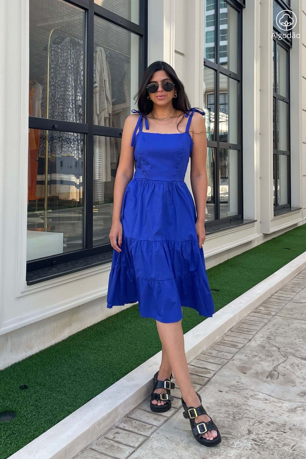 Vestido Midi Camadas De Alças Tricoline Algodão Azul Klein Sleshe