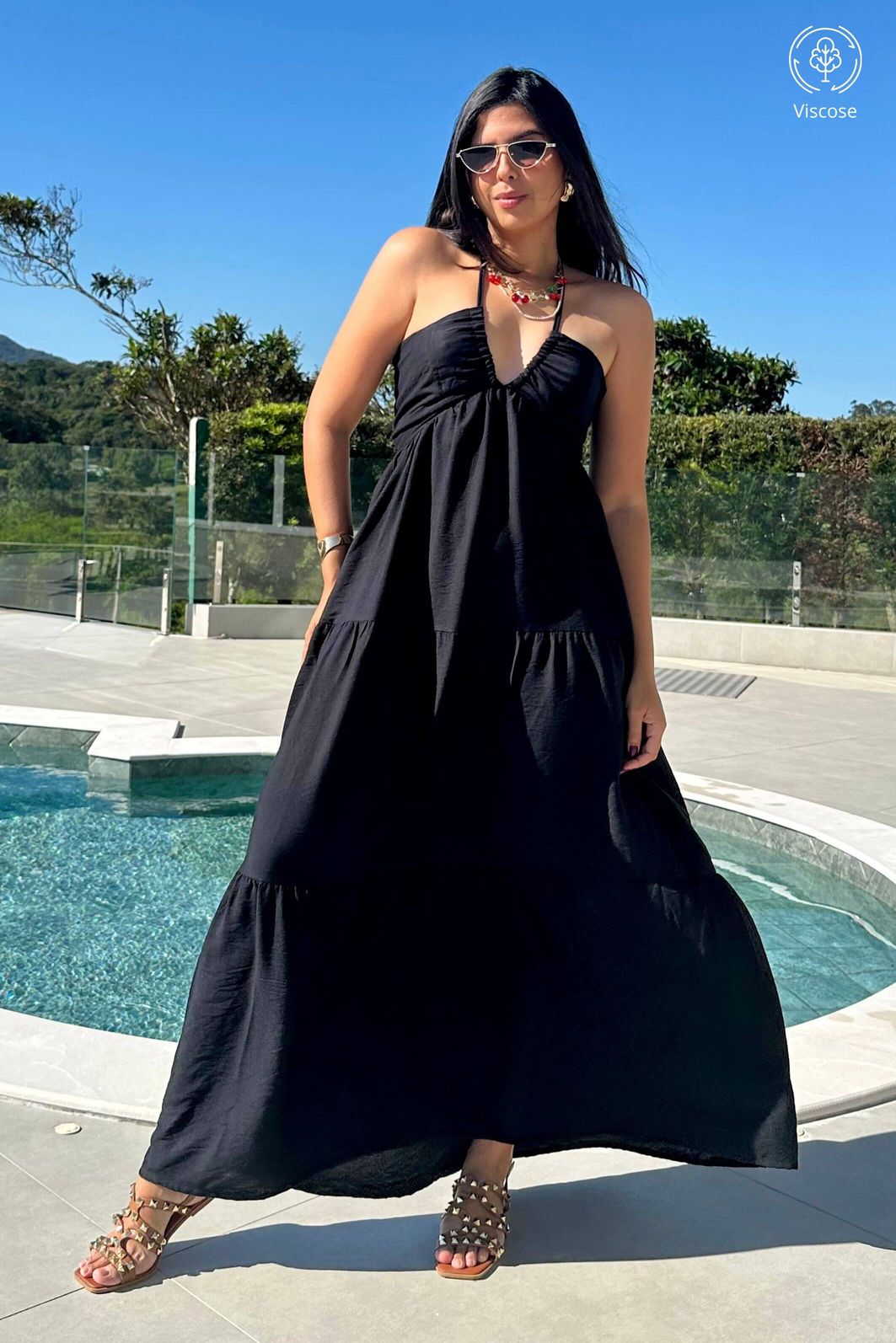 Decote Vestido Longo Preto De Viscose Vestido Longo Bia Sem Bojo