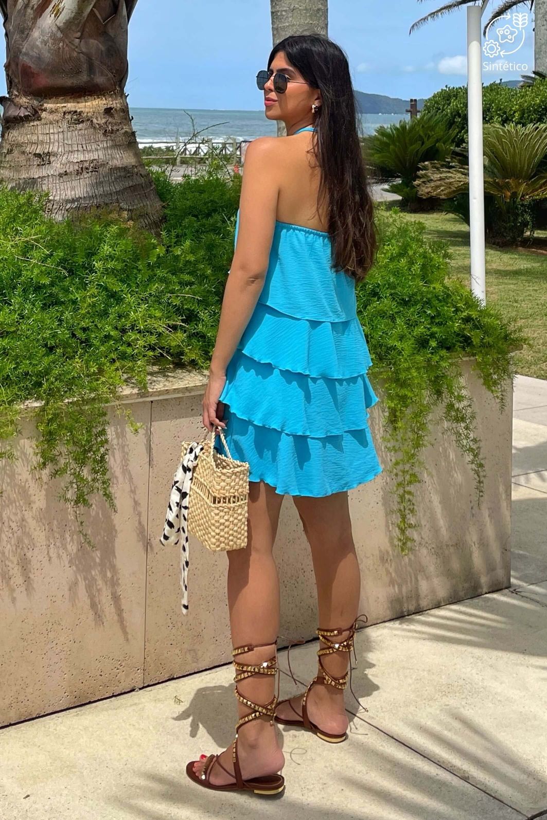 Vestido Curto Quatro Camadas Babado Ombros De Fora Alca Wave Azul Claro