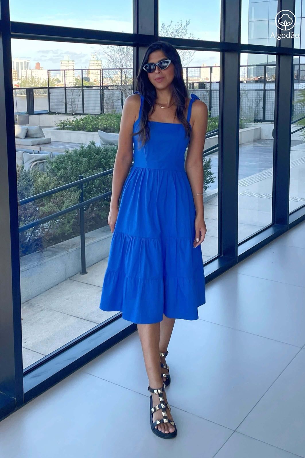 Vestido Midi Camadas De Alças Tricoline Algodão Azul Klein Sleshe