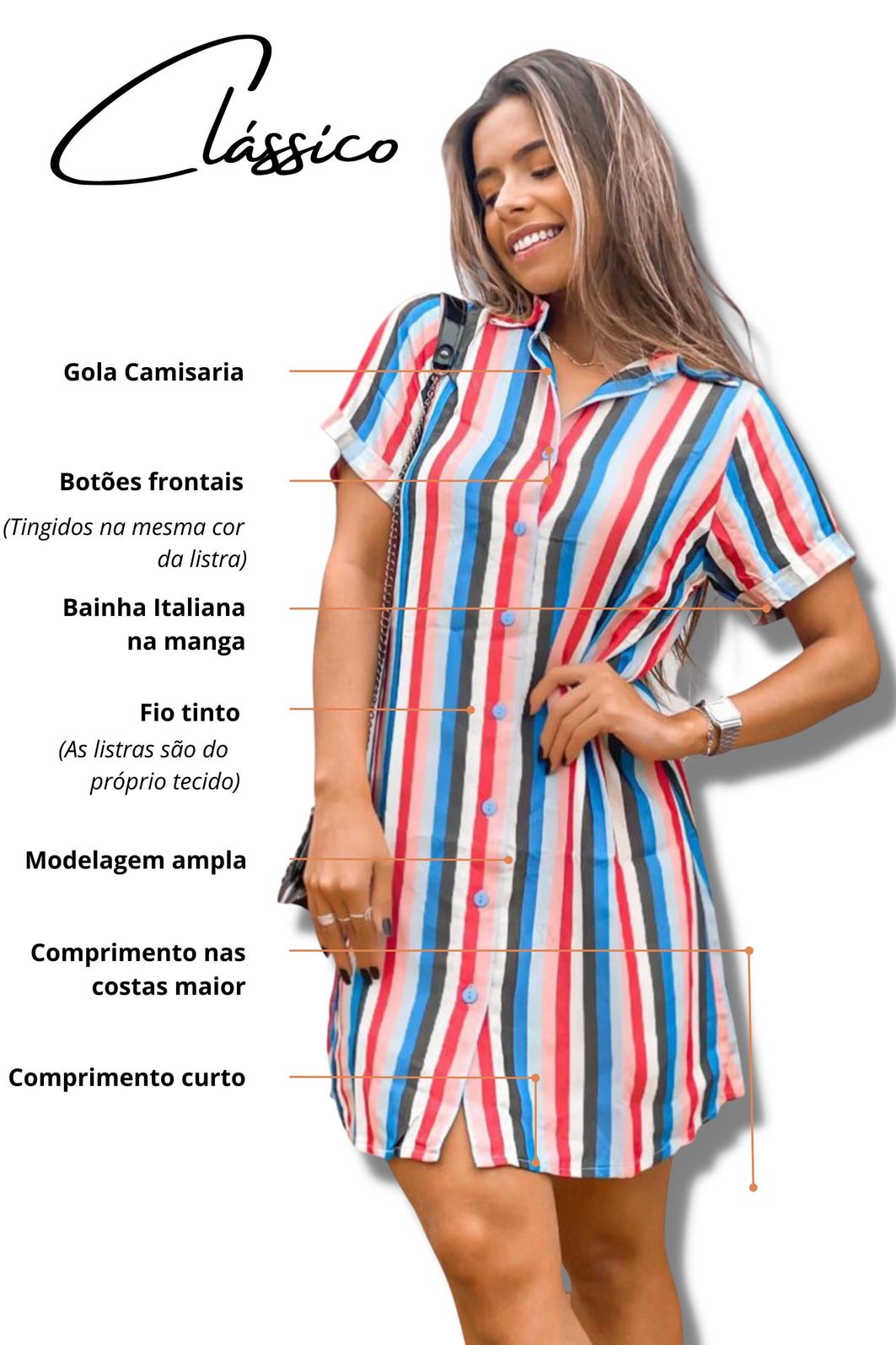 Vestido Curto Chemise De Manga Curta Viscose Listra Clara Santorini Vestido Curto Chemise De Manga Curta Viscose Listra Clara Santorini