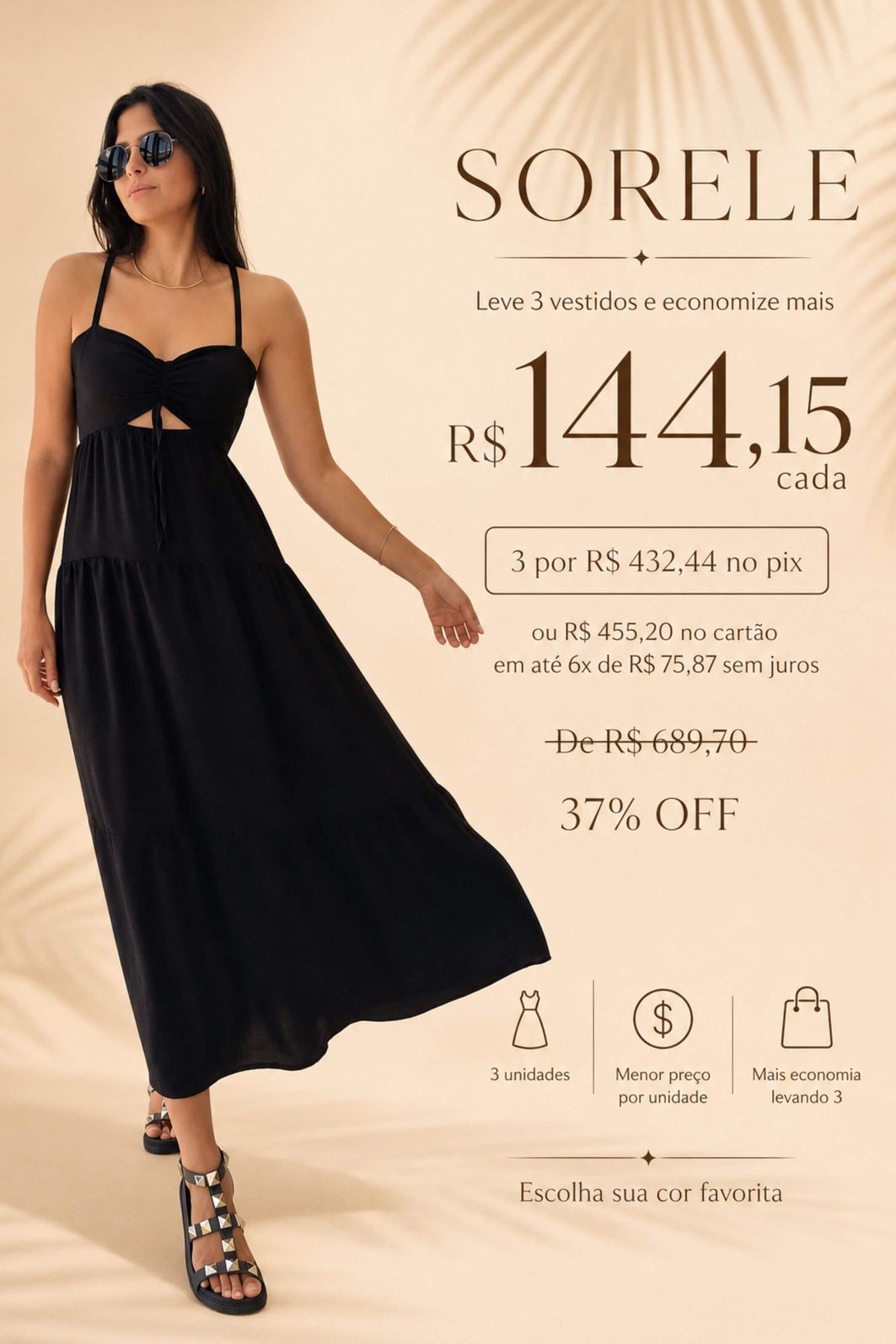 LEVE 3 VESTIDOS LONGUETE SINTÉTICO SORELE E GANHE DESCONTO ESPECIAL LEVE 3 VESTIDOS LONGUETE SINTÉTICO SORELE E GANHE DESCONTO ESPECIAL