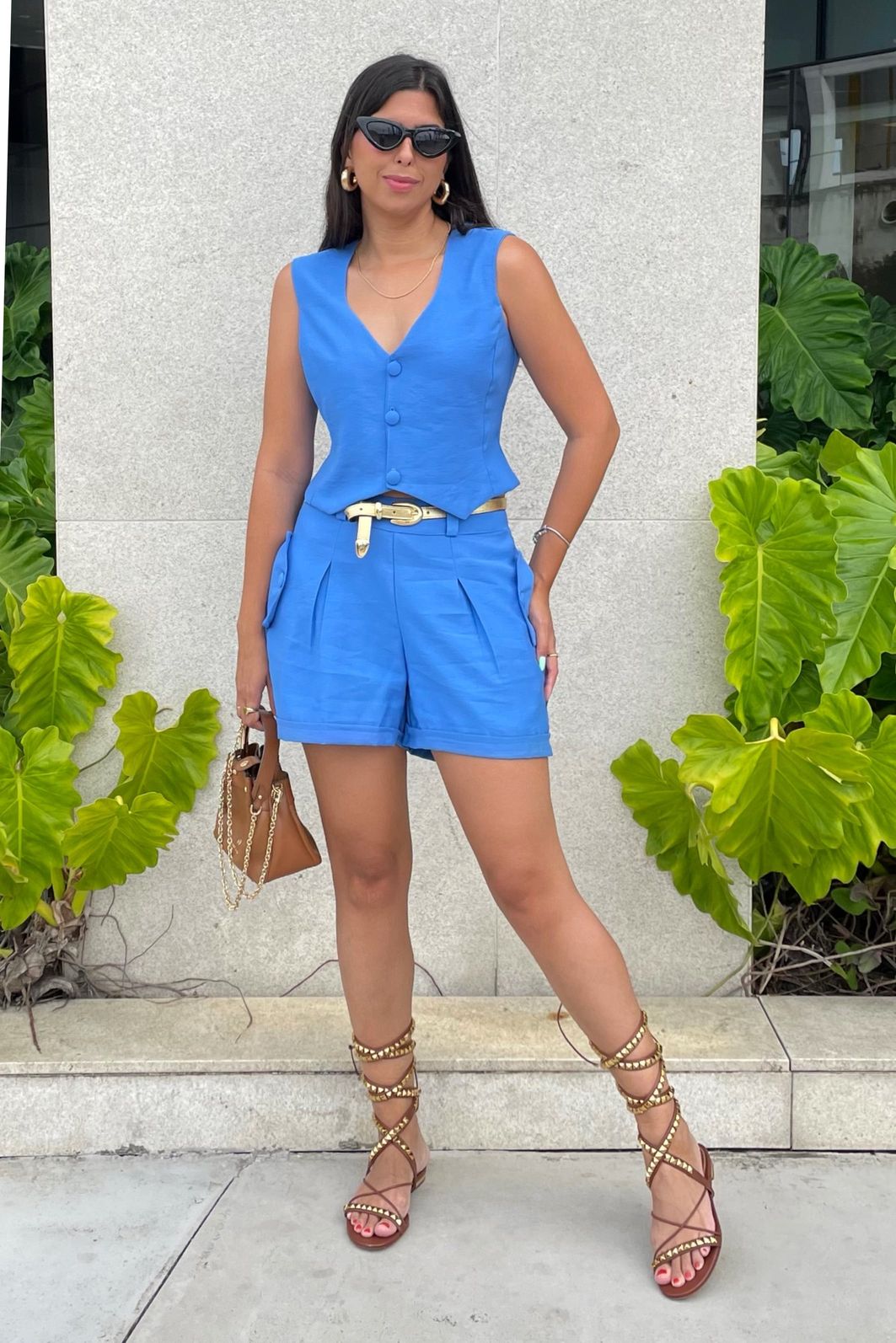 Conjunto Feminino Alfaiataria Short Colete Napoli - Azul Claro