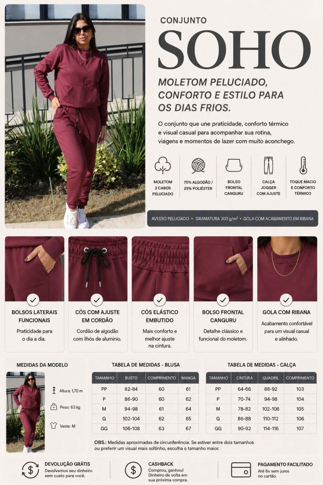 Conjunto moletom felpado flanelado feminino blusa manga longae calça jogger Calça jogger do Conjunto Soho com cós elástico, cordão ajustável e bolsos laterais.