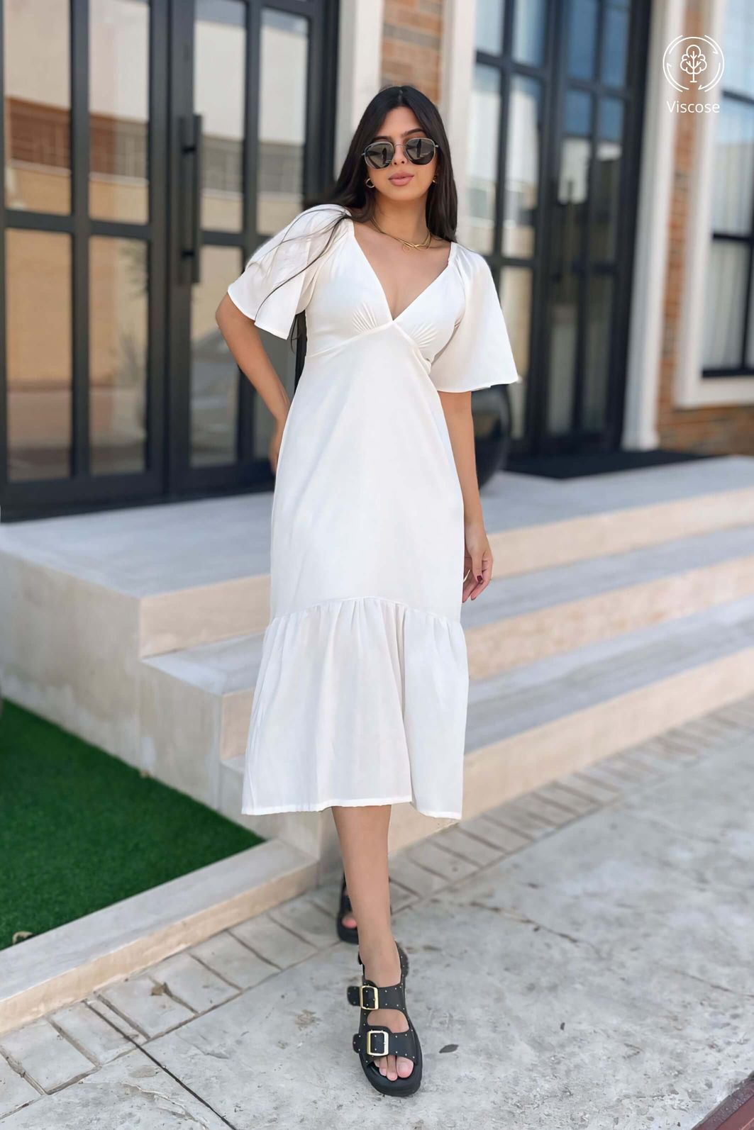 Vestido Midi Manga Curta Decote V Viscose Offwhite Brisi