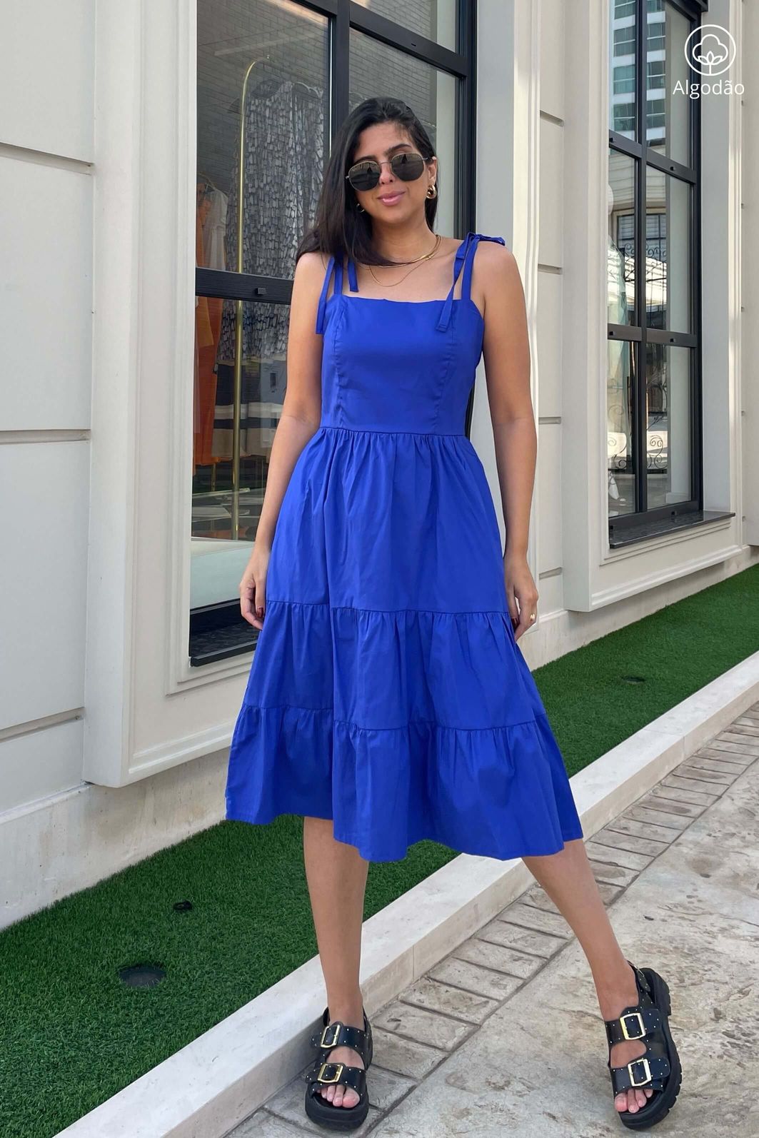 Vestido Midi Camadas De Alças Tricoline Algodão Azul Klein Sleshe