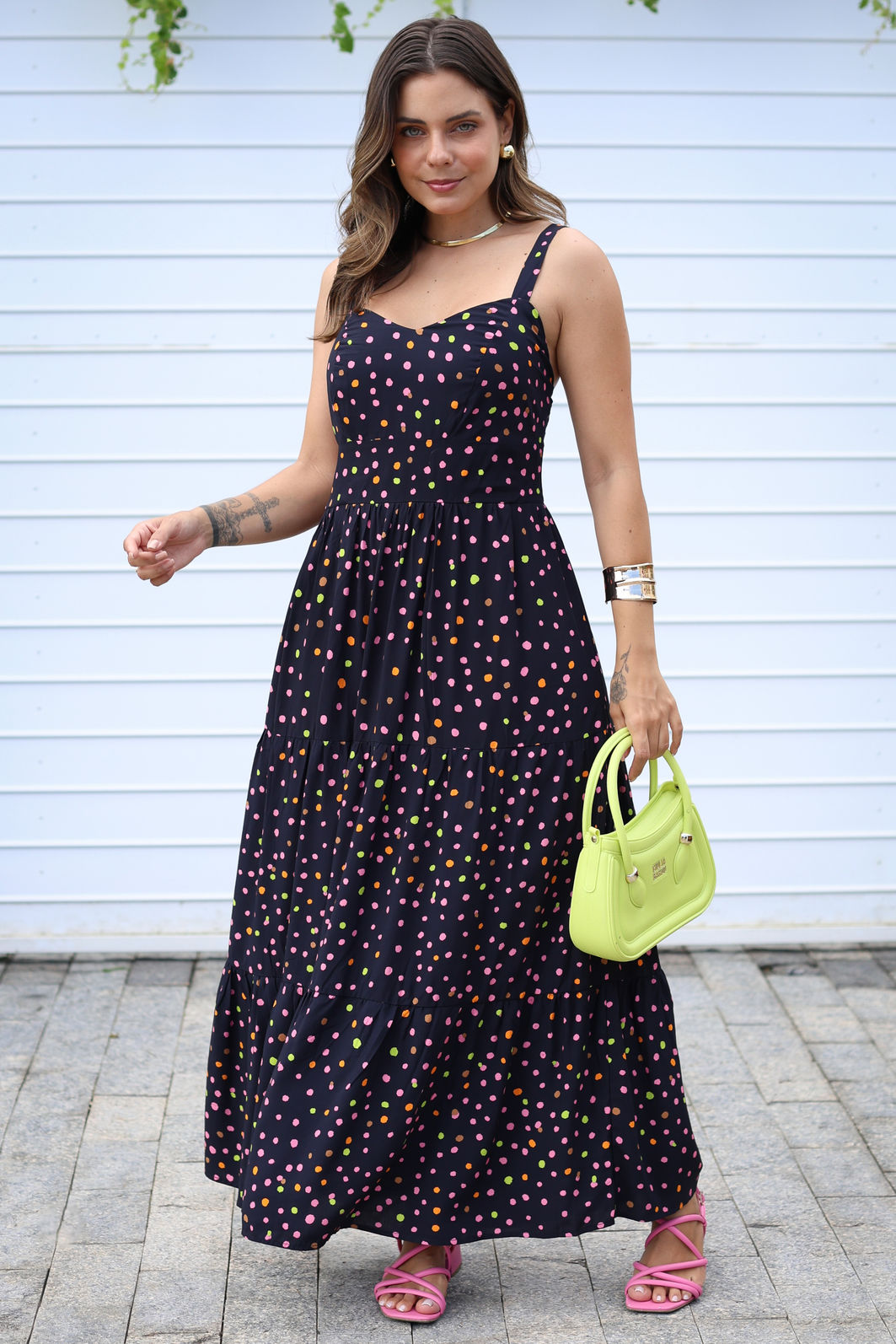 Vestido Lunna Midi Alças Reguláveis Preto Poá Colorido